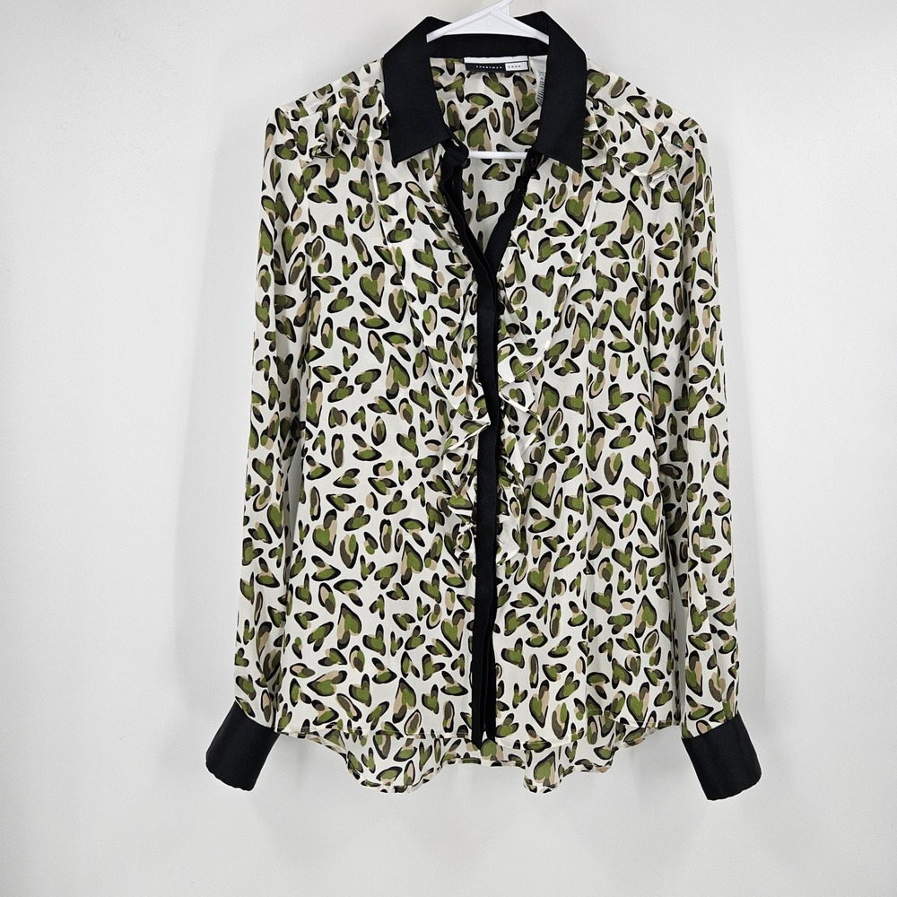 Sportmax Code Silk Blouse White Green Heart Leopard Print Ruffle Button Up Sz 6